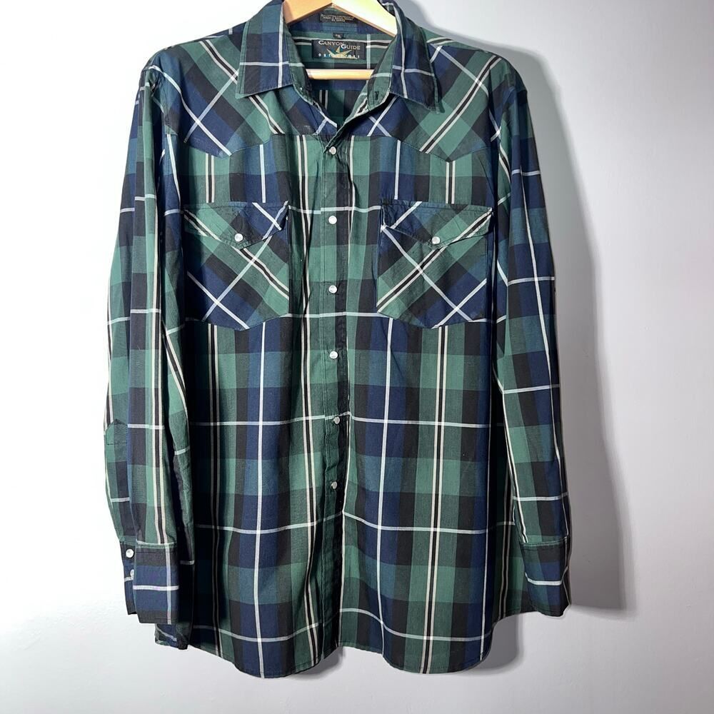 Canyon Guide Plaid Button Down Shirt Mens 2XL Green Blue Woven Workwear